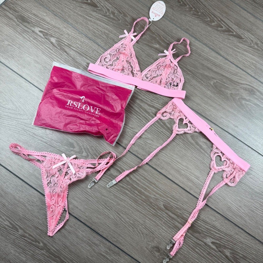 RSLOVE Womens Lingerie Set Lace Bralette Garter Belt Thong Pink S LLW000047_LP_S